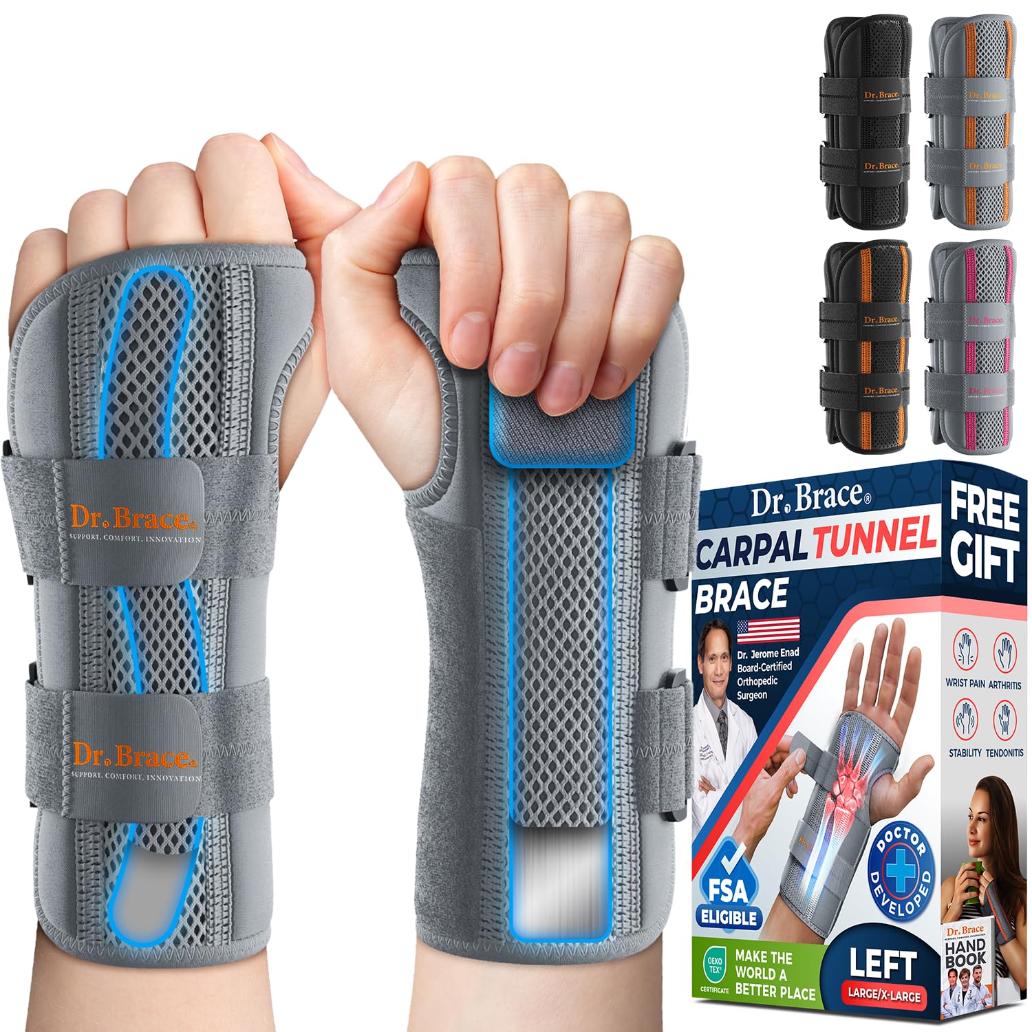 Photo 1 of (1 PC, XS) DR. BRACE Adjustable Wrist Brace Night Support for Carpal Tunnel, FSA & HSA Eligible, Doctor Developed, Upgraded with Double Splint & Therapeutic Cushion, Hand Brace For Pain Relief, Injuries, Sprains