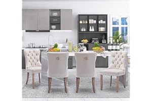 SoarFlash Velvet Dining Chairs Set of 4, Tall Back Side Chair, Modern Upholstered High-end Tufted Side Chair with Button Back Ring, Solid Wood Legs (Beige)