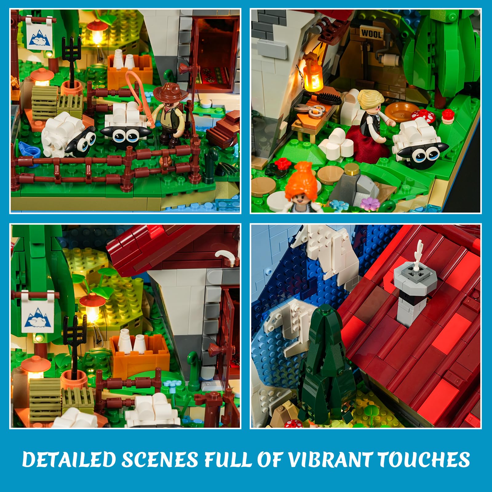 Lumibricks Schäferhütte Alpenhof Klemmbausteine Set, 2265 Teile Bergmodell mit LED Beleuchtung & 3D Hintergrund, Interaktive Schaffarm mit 4 Minifiguren für Erwachsene & Kinder 4