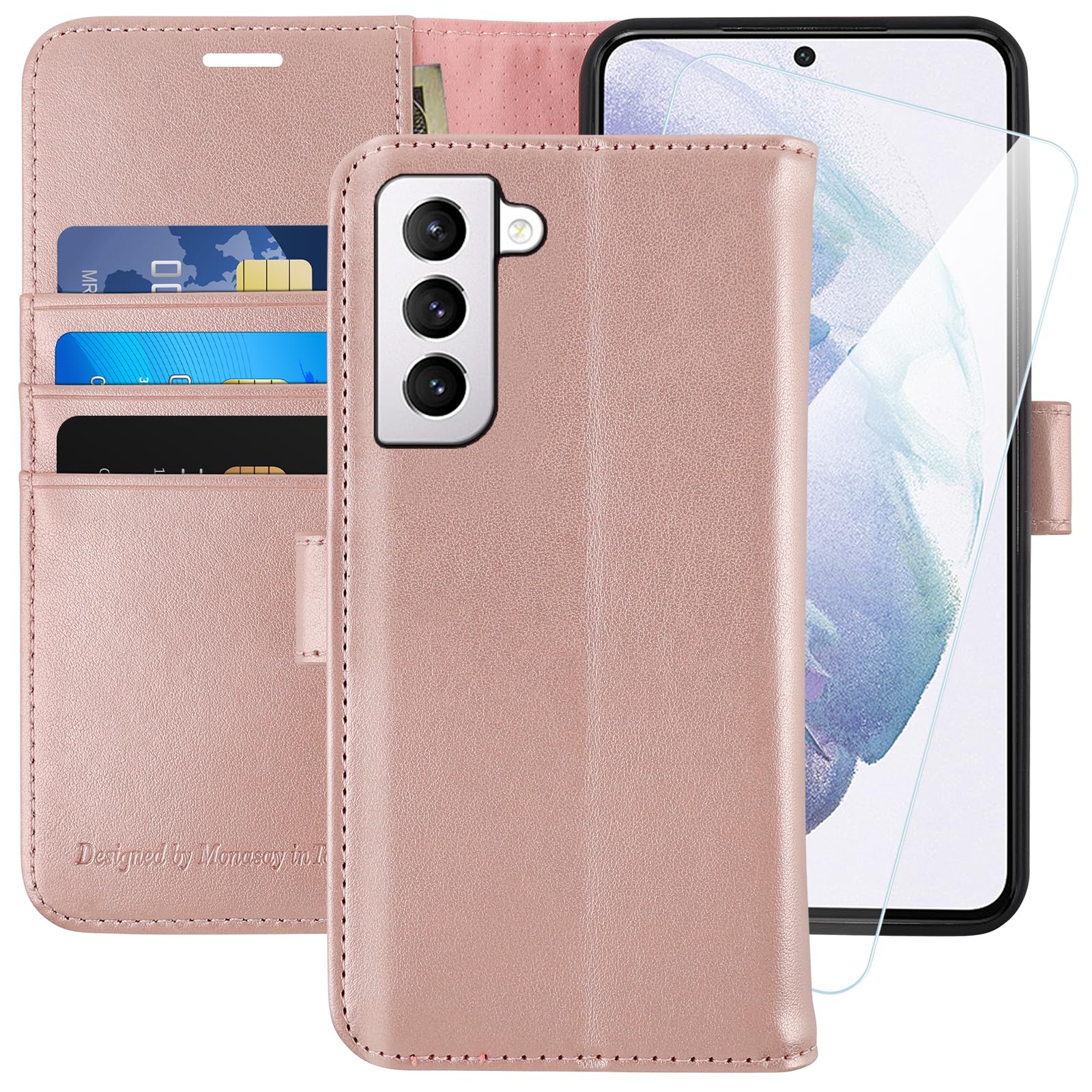 MONASAY Galaxy S21 5G Wallet Case,6.2 inch [Screen Protector Included][RFID Blocking] Flip Folio Leather Cell Phone Cover with Credit Card Holder for Samsung Galaxy S21 5G,Rosegold — image 1