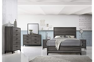 Kings Brand Furniture – Ambroise 6-Piece King Size Bedroom Set, Grey/Black. Bed, Dresser, Mirror, Chest & 2 Night Stands