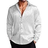 COOFANDY Men's Silk Satin Dress Shirts Jacquard Long Sleeve Floral Button Up Shirts Party Prom Wedding Shirt