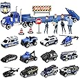 Oriate Diecast Police Rescue City S.W.A.T. Car Toys Set w/Heavy Duty Trailer Patrol, 13PCS Alloy Mini Police Vehicles Transport Trailer, Road Signs and Birthday Cake Topper Stickers for Kids