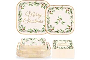 GRENCIAN 200Pcs Christmas Party Decorations Xmas Holly Leaf Berries Square Plates and Napkins Holly Leaves Paper Plates Tableware Sets for Merry Christmas Winter Holiday BBQ Gathering Party Supplies Serves 50