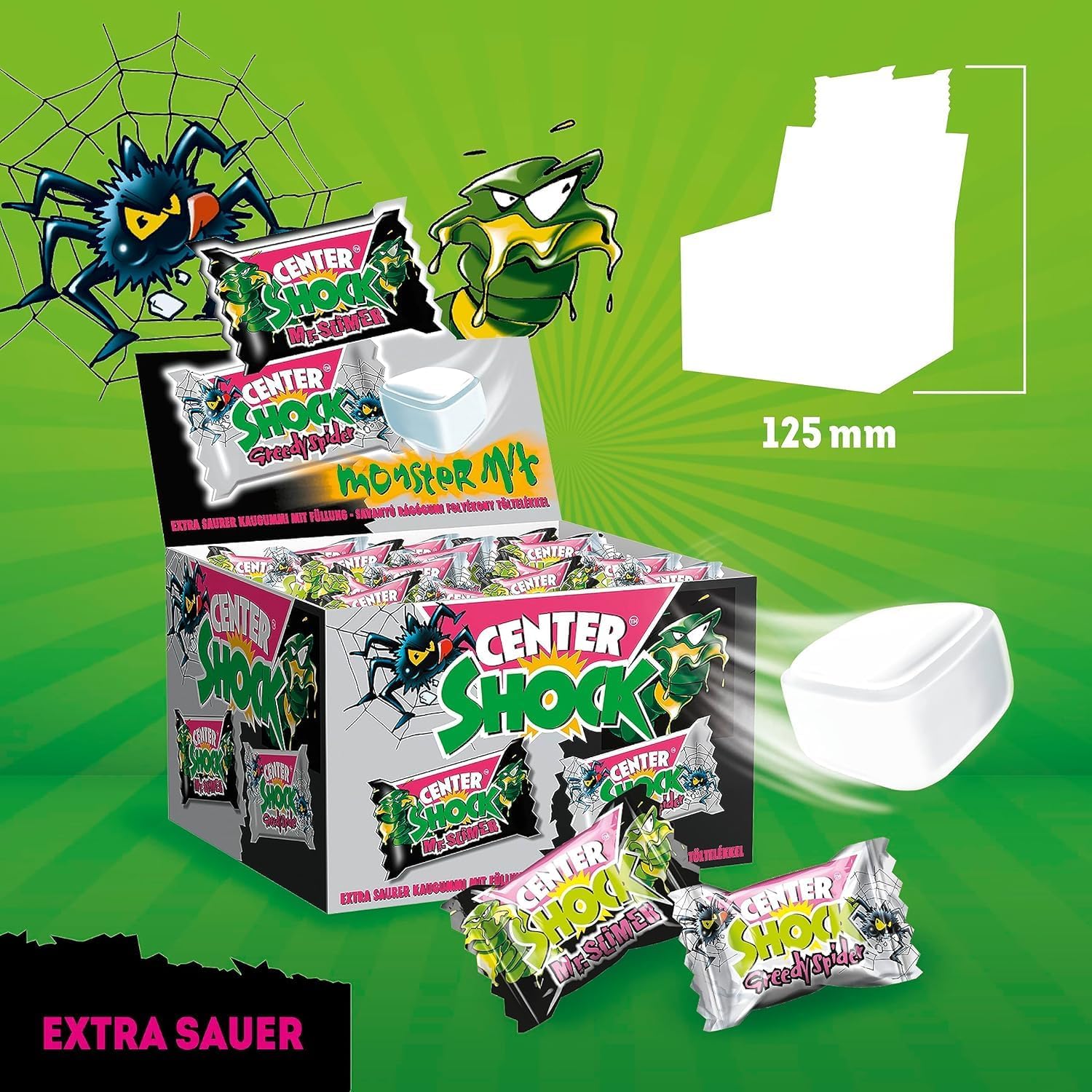 Center Shock Monster Mix, Box mit 100 Kaugummis, extra-sauer mit Cola- & Blutorangen-Geschmack, geeignet für Geburtstag, Pinata und Weihnachten, 400g 4