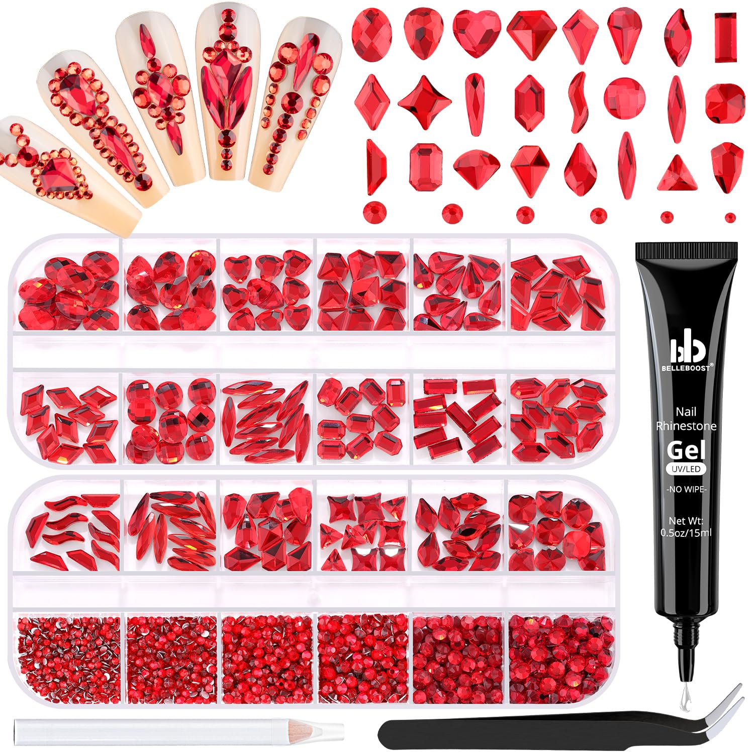 1680Pcs Red Glass Nail Rhinestones 180Pcs Multi