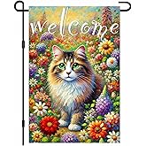 BlissYard Spring Welcome Cat Garden Flag Double Sided 12x18 Inch Tabby Cat Garden Flag Funny Floral Tulip Cats Flags Vertical Farmhouse Welcome Yard Spring Summer Seasonal Outdoor Porch Decor