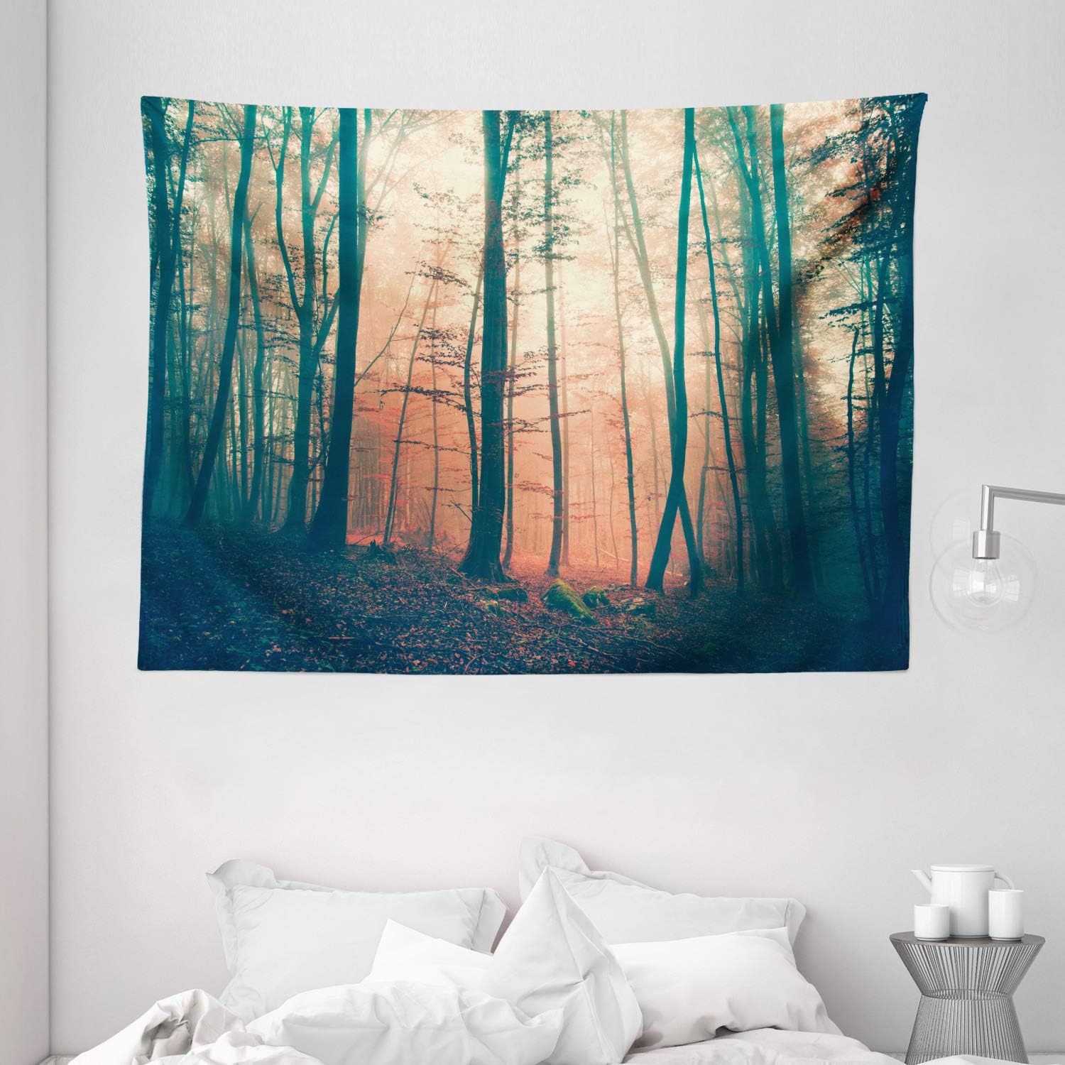Ambesonne Mystic Tapestry, Pale and Vintage Color in Mysterious Autumn Forest Woodland Nature Picture, Wide Wall Hanging for Bedroom Living Room Dorm, 80" X 60", Coral Green