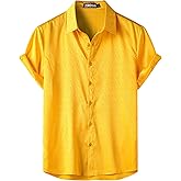 ZEROYAA Men's Luxury Shiny Satin Jacquard Shirt Modern Fit Short Sleeve Button Down Shirts for Summer Party Prom