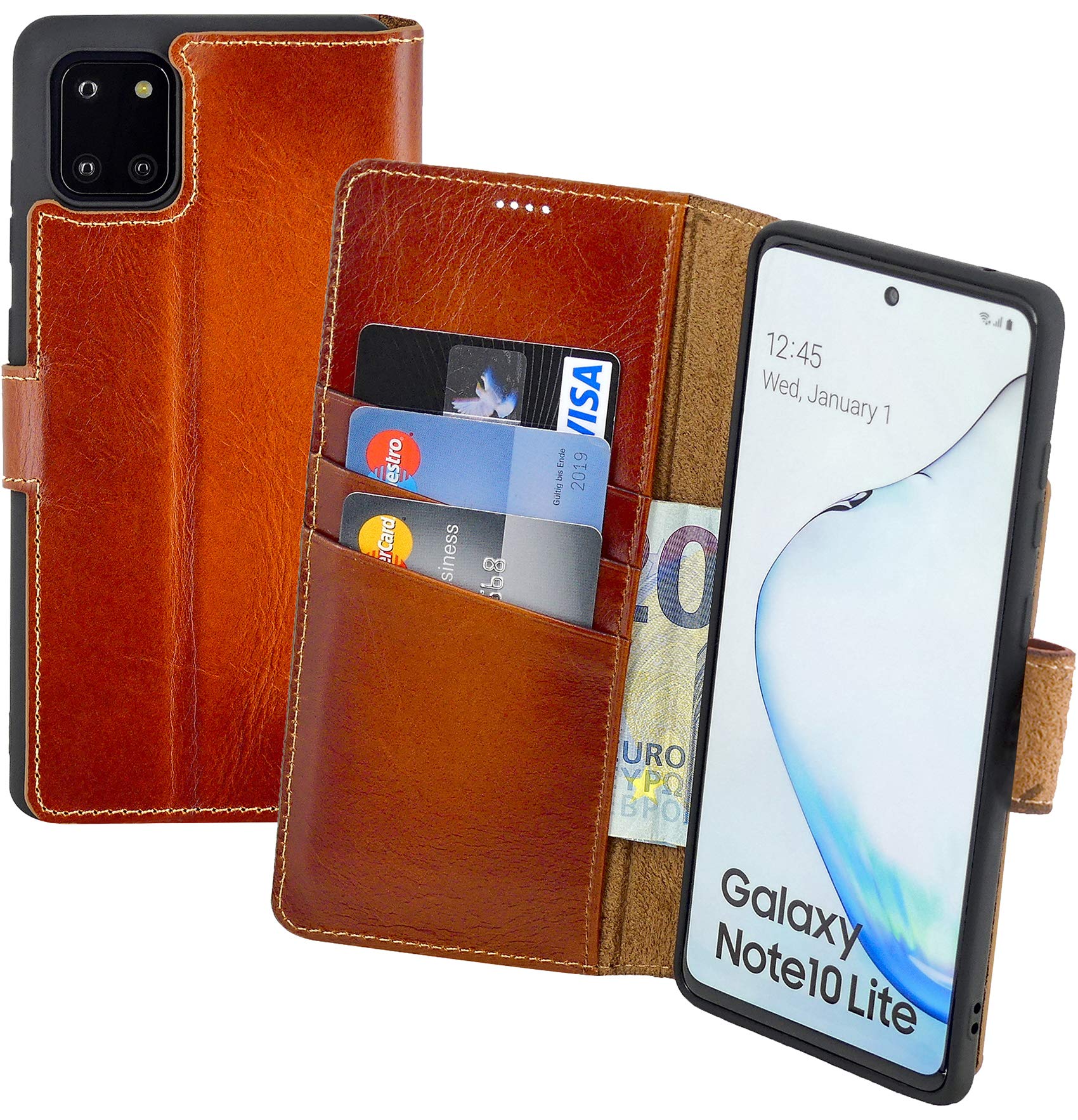Suncase Book-Style Case compatible with Samsung Galaxy Note 10 Lite Leather Case (Slim-Fit) Leather Case Cell Phone Case Protective Case with 3 Card Slots in burned-cognac