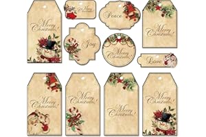 Whaline 100 Pcs Vintage Christmas Paper Gift Tags Blank Tags Brown Xmas Santa Snowman Holly Berry Hanging Labels with Hemp Ro