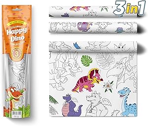 3 in 1 Large Coloring Tablecloth Water Resistant Poster for Kids and Toddlers Colorable Frame «Happy Dino» Fun Painting Activity for Party and Decor Paper Table Doodle Board