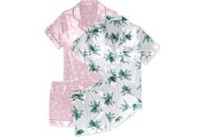 Ekouaer 2 Pack Womens Pajama Sets Silk Satin Short Sleeve Button Down Sleepwear Top and Shorts Pjs Lounge Set S-XXL