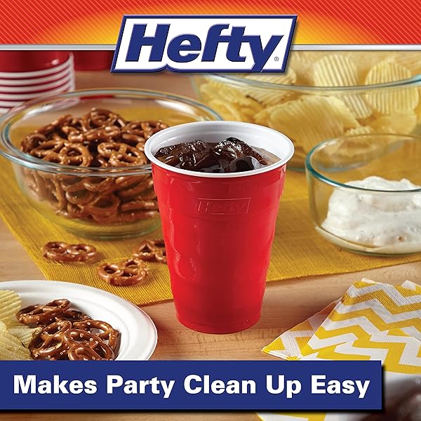 HEFTY PARTY ON RED PLASTIC CUPS, DISPOSABLE PLASTIC PARTY CUPS FOR EASY CLEANUP AND LARGE GATHERINGS, RED CUPS FOR BBQS, BIRTHDAYS, PARTIES, AND MORE, 18 OUNCE, 50 COUNT