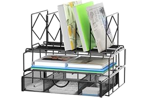 Gawerk Desk Organizer with Drawer, Office Desk File Organizer with 5 Vertical File Holders, Desktop & Desk File Organizer (Black)