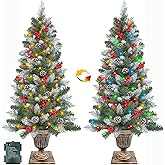 2 Pack 4 FT Snowy Artificial Potted Christmas Tree with 60 LED Lights,Warm White and Colored Changing,8 Lighting Mode&Timer,Battery Operated,Small Xmas Tree,Outdoor Front Door Porch Home Decoration