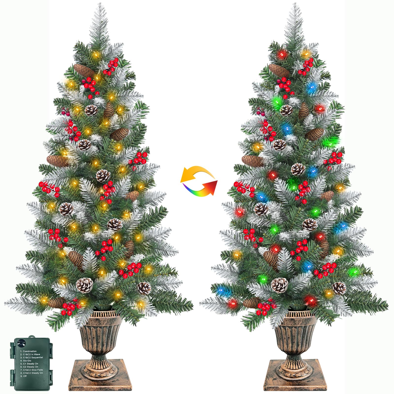 Photo 1 of 2 Pack 4 FT Snowy Artificial Potted Christmas Tree with 60 LED Lights,Warm White and Colored Changing,8 Lighting Mode&Timer,Battery Operated,Small Xmas Tree,Outdoor Front Door Porch Home Decoration