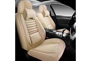 WENNFOUR Car Seat Covers Full Set, Universal Nappa Leather Seat Covers with Car Headrest Pillow for Most Vehicles SUV Pick-up Truck, Full Coverage Automotive Seats Protector Fit for 5 Seats, Beige