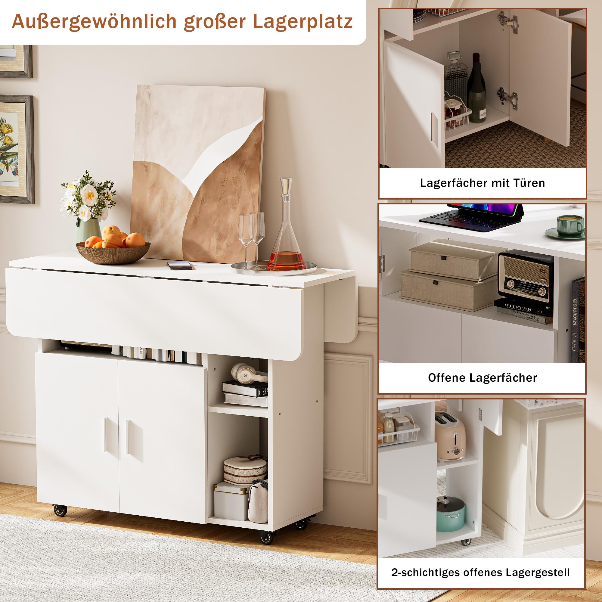 Ztexkee Mobiler Klapptisch Klappbarer Esstisch auf Rädern Klapptisch mit 1 großen Schrank und 3 offenen Fach Sideboard Mobiler Esstisch für kleine Räume Esszimmer Küche 100 x 70 x 79 cm Weiß 5