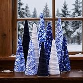 Yuntau 10 Pcs 10" 8" 6" Blue White Chinoiserie Wedding Velvet Cone Tree Decoration Wedding Glitter Cone Tree Centerpiece Tabletop Trees Ornaments for Christmas Table Fireplace Shelf Home Decor