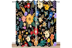 MISSHOPE Colorful Flowers Floral Curtain Boho Pile Flowers Halloween Spring Summer Decor Women Girls Wife Mom Kids Bedroom Nursery Kitchen Dining Living Room Darkening Grommet Window Drapes 2 Panels, 42"x63"