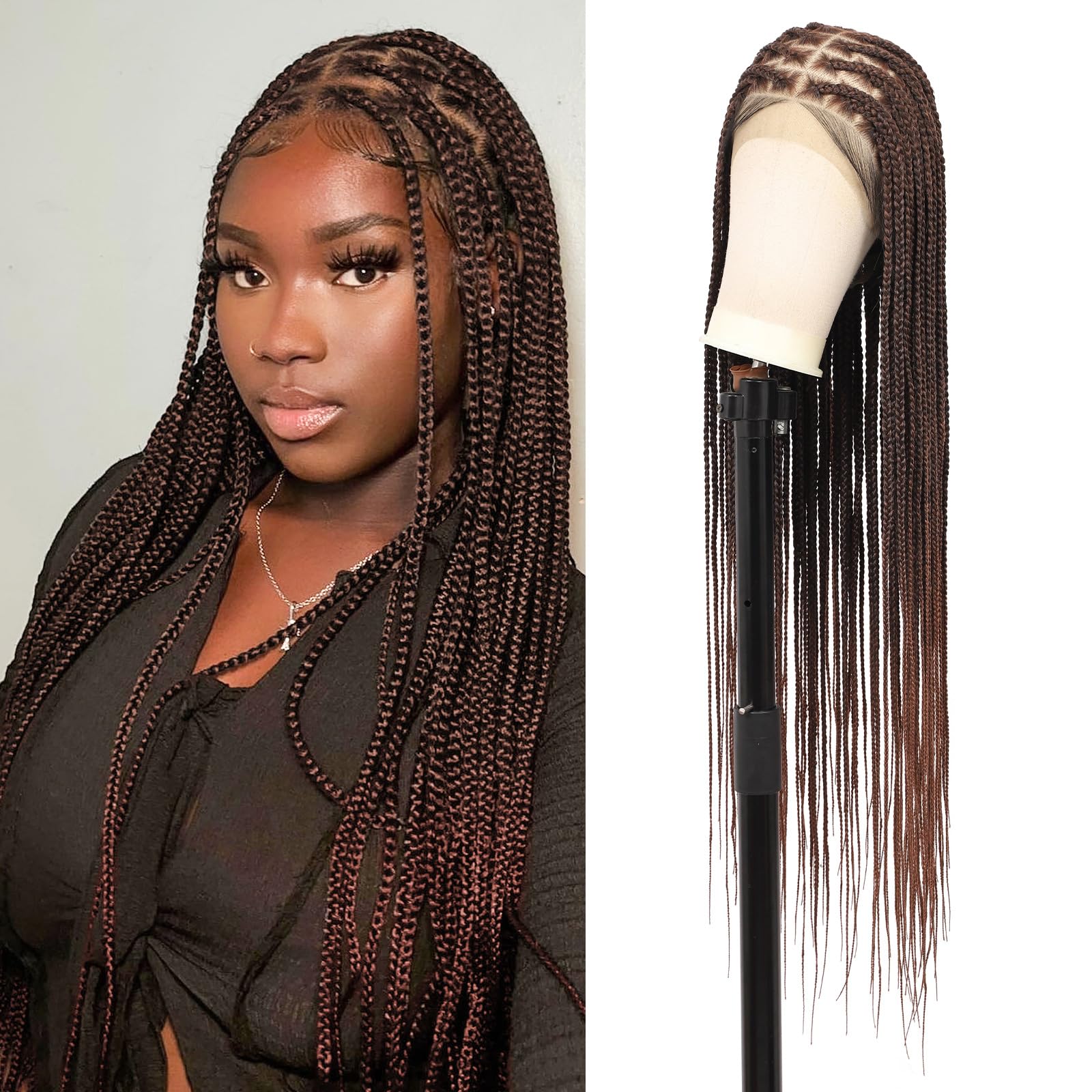 Photo 1 of Brinbea 360° HD Lace Front Braided Wigs Knotless Braided Wigs for Women Box Braid Wig with Baby Hair Brown Premium Synthetic Braided wigs 36 inch