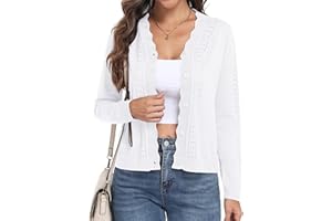 PrinStory Lightweight Long Sleeve Cardigan for Women V Neck Scalloped Edge Knit Cropped Open Front Sweater Cardigans