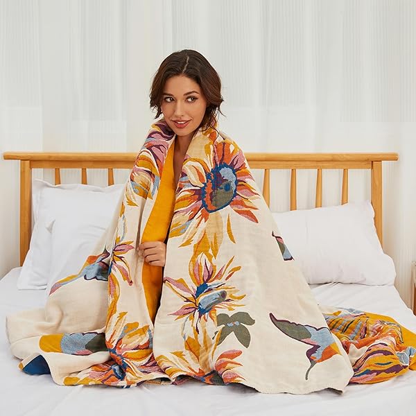 BOHO COTTON THROW BLANKET – LARGE SOFT ALL-SEASON BLANKET, LIGHTWEIGHT BLANKET WITH RUSTIC FLORAL DESIGN FOR BED AND COUCH, SUITABLE FOR LIVING ROOM AND FARMHOUSE DECOR