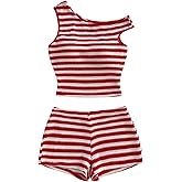 Verdusa Women's 2 Piece Striped Set Off Shoulder Tops and Shorts Summer Two Piece Going Out Beach Vacation