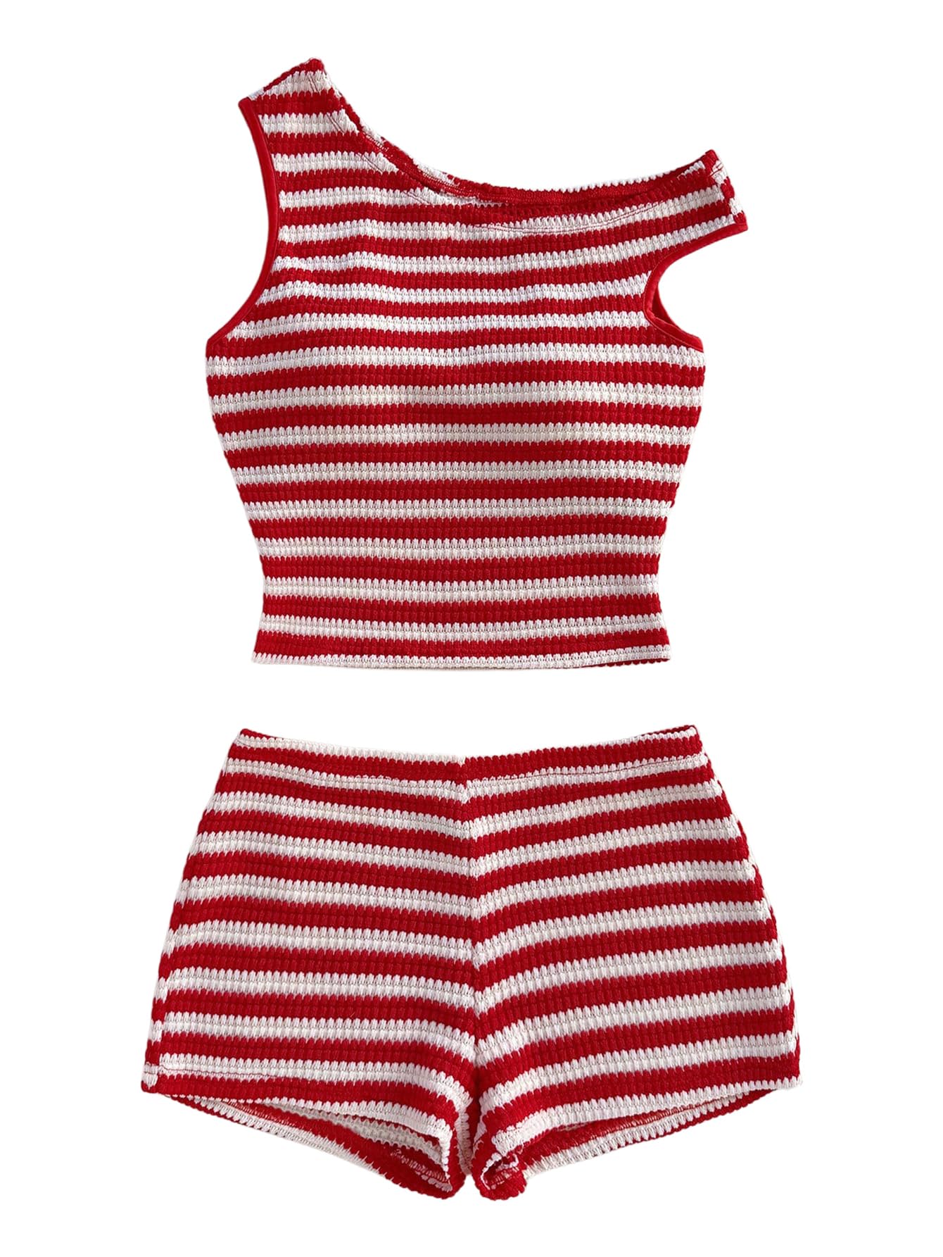View 1 of ***MISSING BOTTOMS***
SOLY HUX Women's 2 Piece Striped Off The Shoulder Crop Tops and Mini Shorts Set Summer Y2K Going Out Outfits Red and White Striped Small