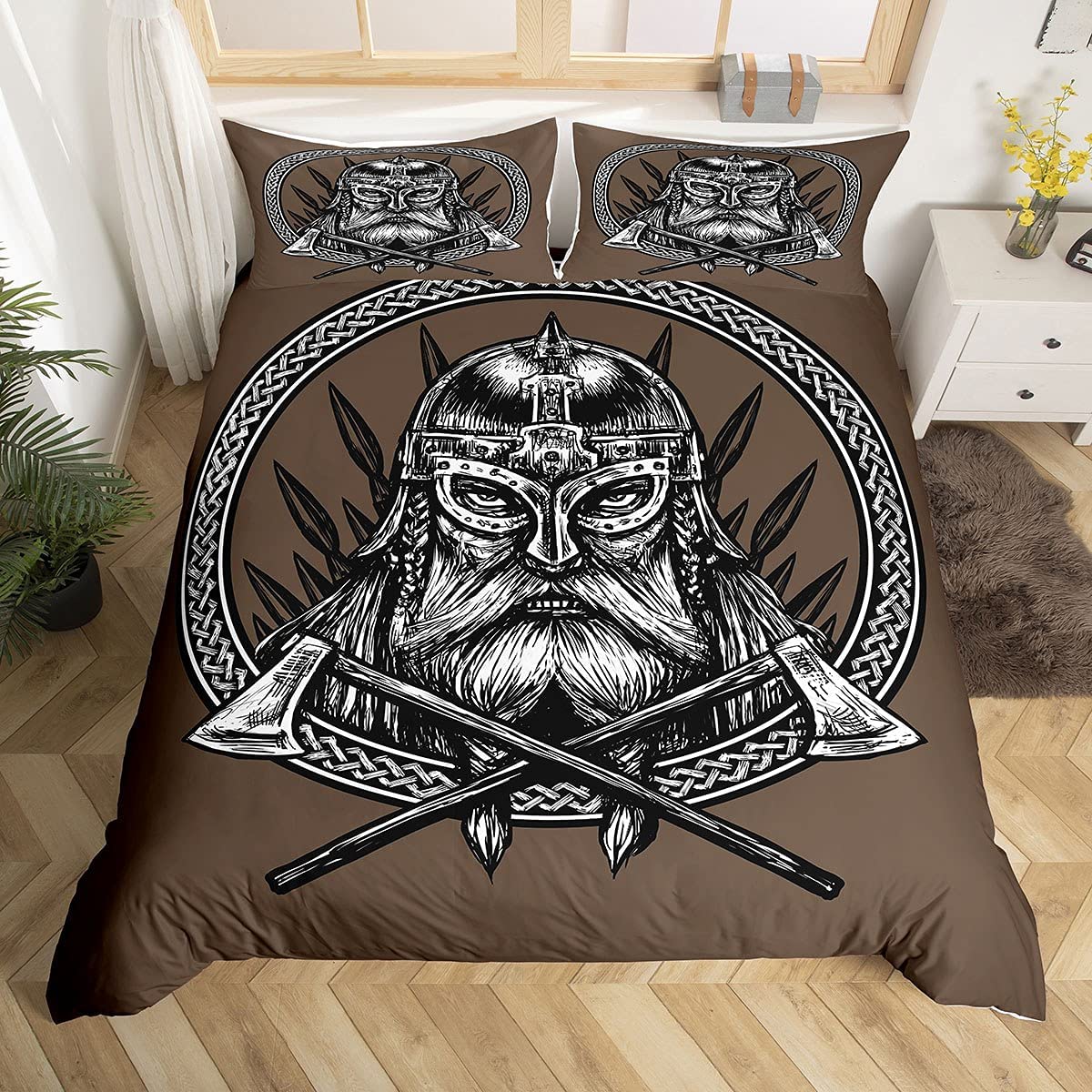 Ancient Viking Bedding Set,Vintage Exotic Tribe The Ax A Sword A Spear Scandinavian Logo Brown Print,Decor Comforter Cover Single Size 2 Pcs (1Duvet Cover+1 Pillowcase),Zipper