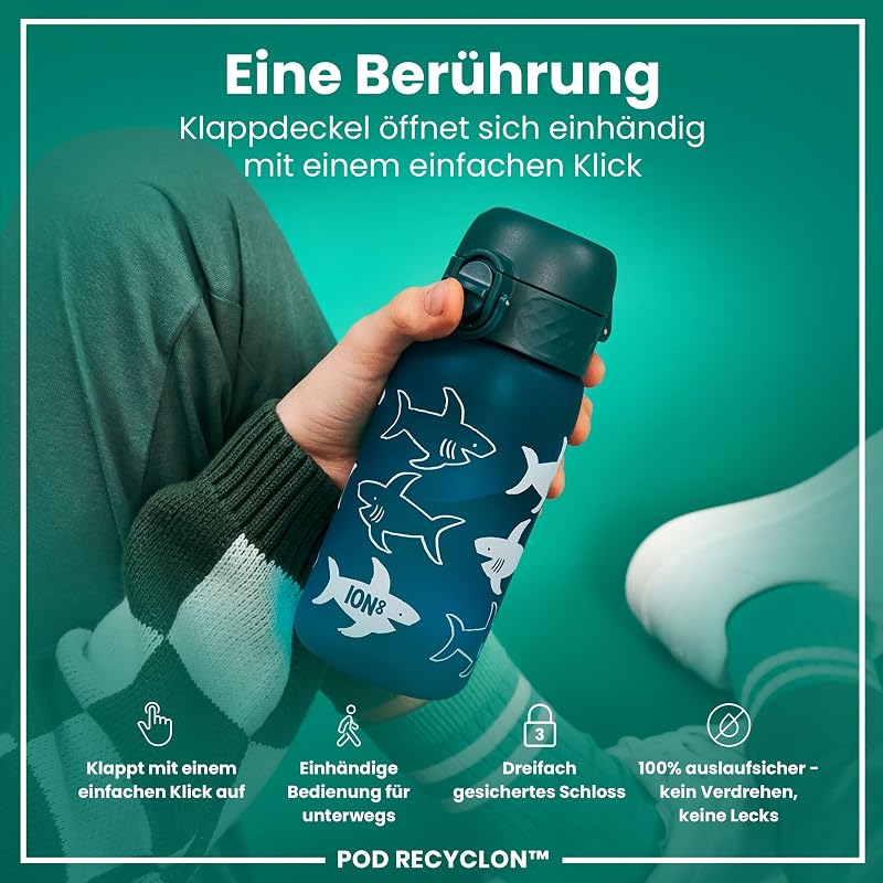 Kinder Trinkflasche, 350ml, Auslaufsicher, Einhandöffnung, Sichere Verriegelung, Spülmaschinenfest, BPA-frei, Tragegriff, Klappdeckel, Leicht zu Reinigen, Haie