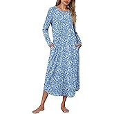 Marvmys Women Long Sleeve Nightgowns Round Neck Long Nightshirts with Pocket Sleepwears S-3XL