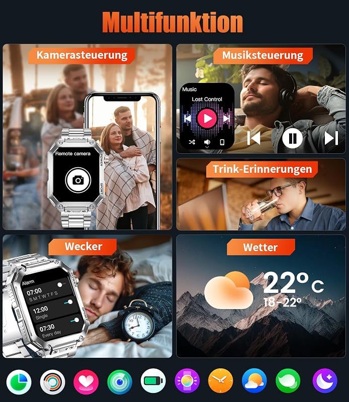 Smartwatch Herren mit großem 2,01" HD-Bildschirm, 2 Armbänder, Bluetooth-Anrufe, Herzfrequenz & SpO2-Messung, 120+ Sportmodi, IP68 wasserdicht Sportuhr iOS/Android, Silber — Foto 6 von 7