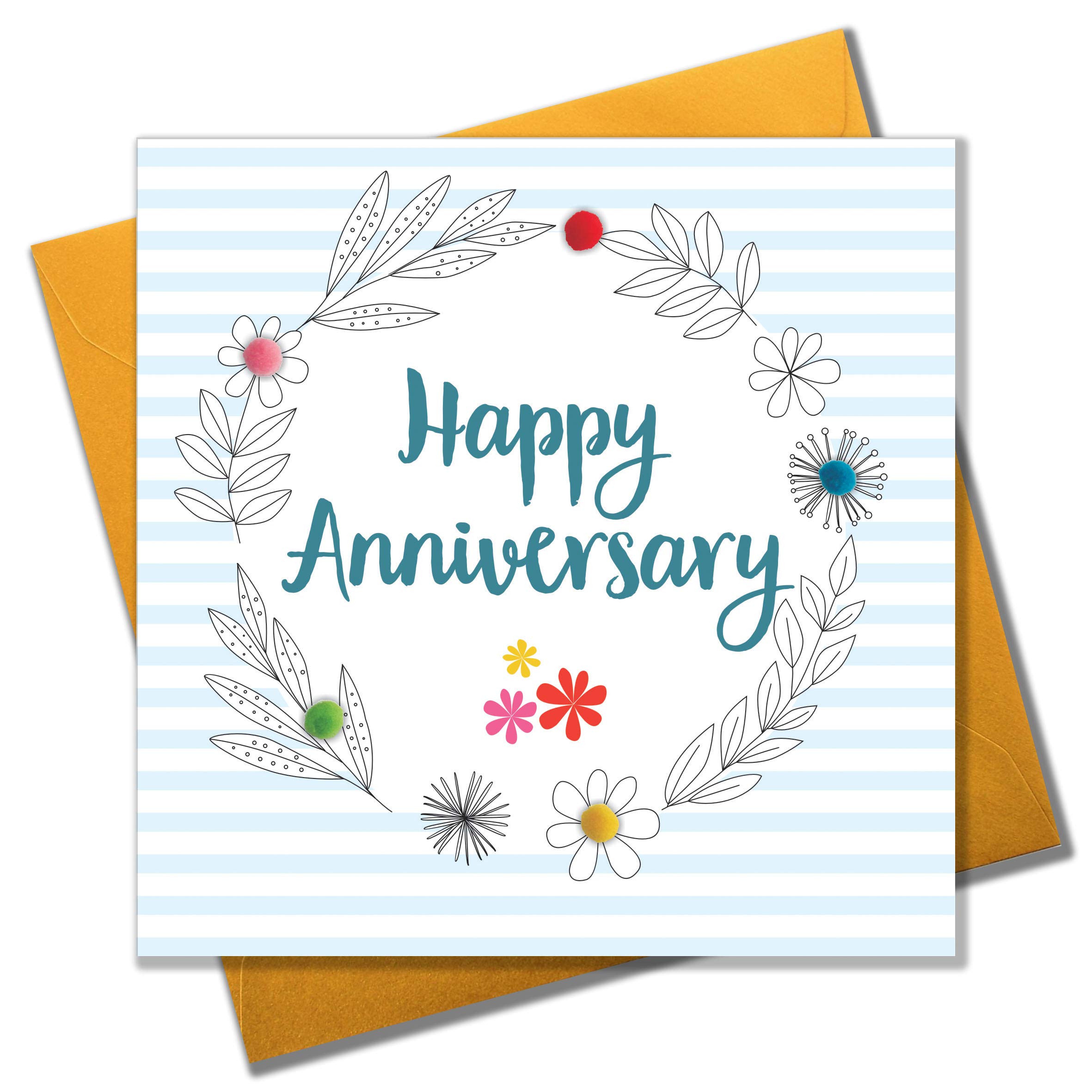 Claire Giles Greeting Cards, Wedding Anniversary Card, Flower Circle Design Wedding Congratulations Greeting Card, Embellished with Colourful Pompoms