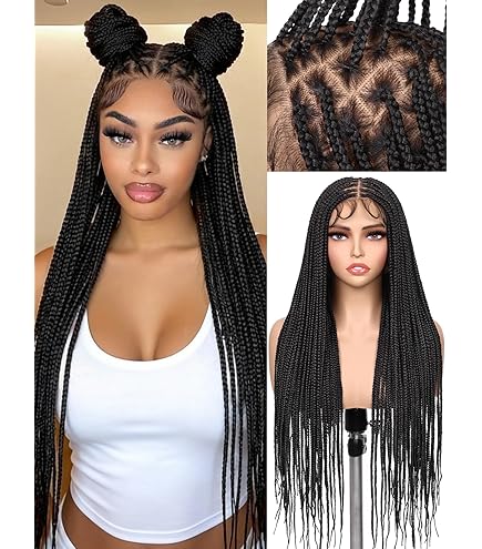 34 Inch Knotless Box Braid Wig Full Lace Synthetic Handmade Preplucked Full Lace Braided Wigs Synthetic Lace Wigs 34 Inches  main image 3