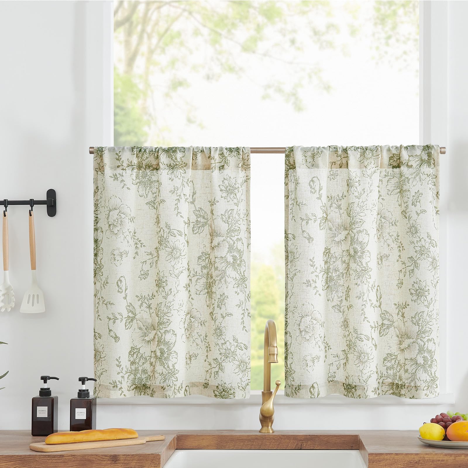 Photo 1 of jinchan Floral Linen Tier Curtains 30 Inch Farmhouse Botanic Cafe Drapes for Small Windows Rustic Half Window Curtains for Kitchen Living Room Bathroom Laundry 2 Panels Green on Beige
