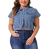 Agnes Orinda Plus Size Short Sleeve Denim Jackets for Women Y2K Button Down Tops Streetwear Cropped Jean Jacket