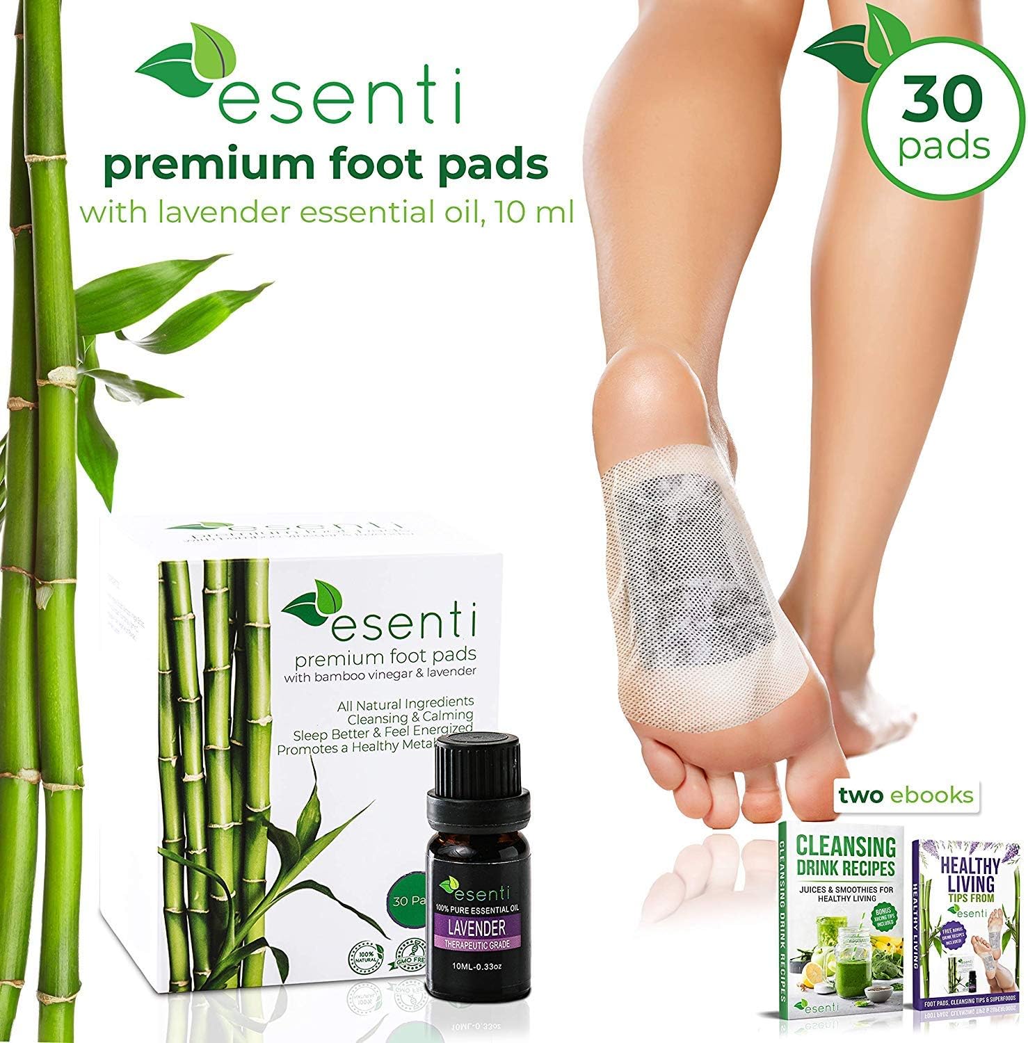 Foot Pads & Lavender Essential Oil | 100% All Natural Self Adhesive Cleansing Foot Pads | Relieve Stress & Improve Sleep | for Pain Relief & Foot Odor | 30 Pads | FDA Certified | Full Body Cleanse