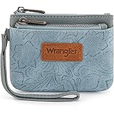 Montana West Wrangler Coin Purse for Women RFID-blocking Floral Embossed Change Pouch Wristlet Wallet Lightweight Portable Wallets Blue