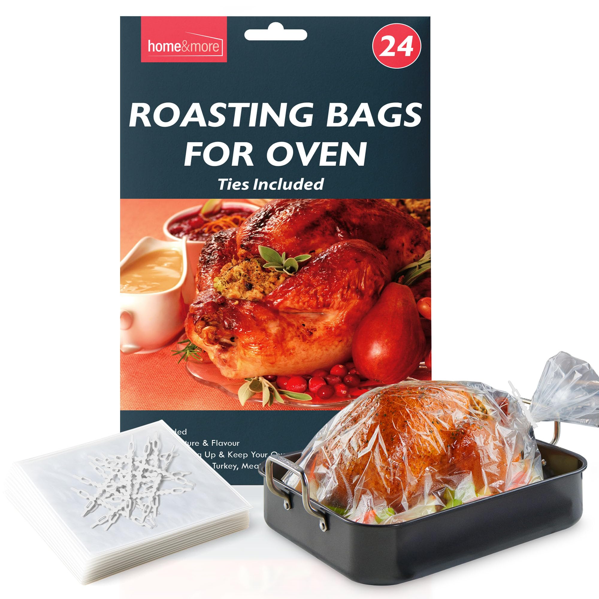SOL 24pk Roasting Bags for Oven with Ties Included 38x25cm Multipurpose Heat Resistant Leak Proof Cooking Pouches for Poultry Meat Vegetables Turkey Beef Festive Meals Home Use