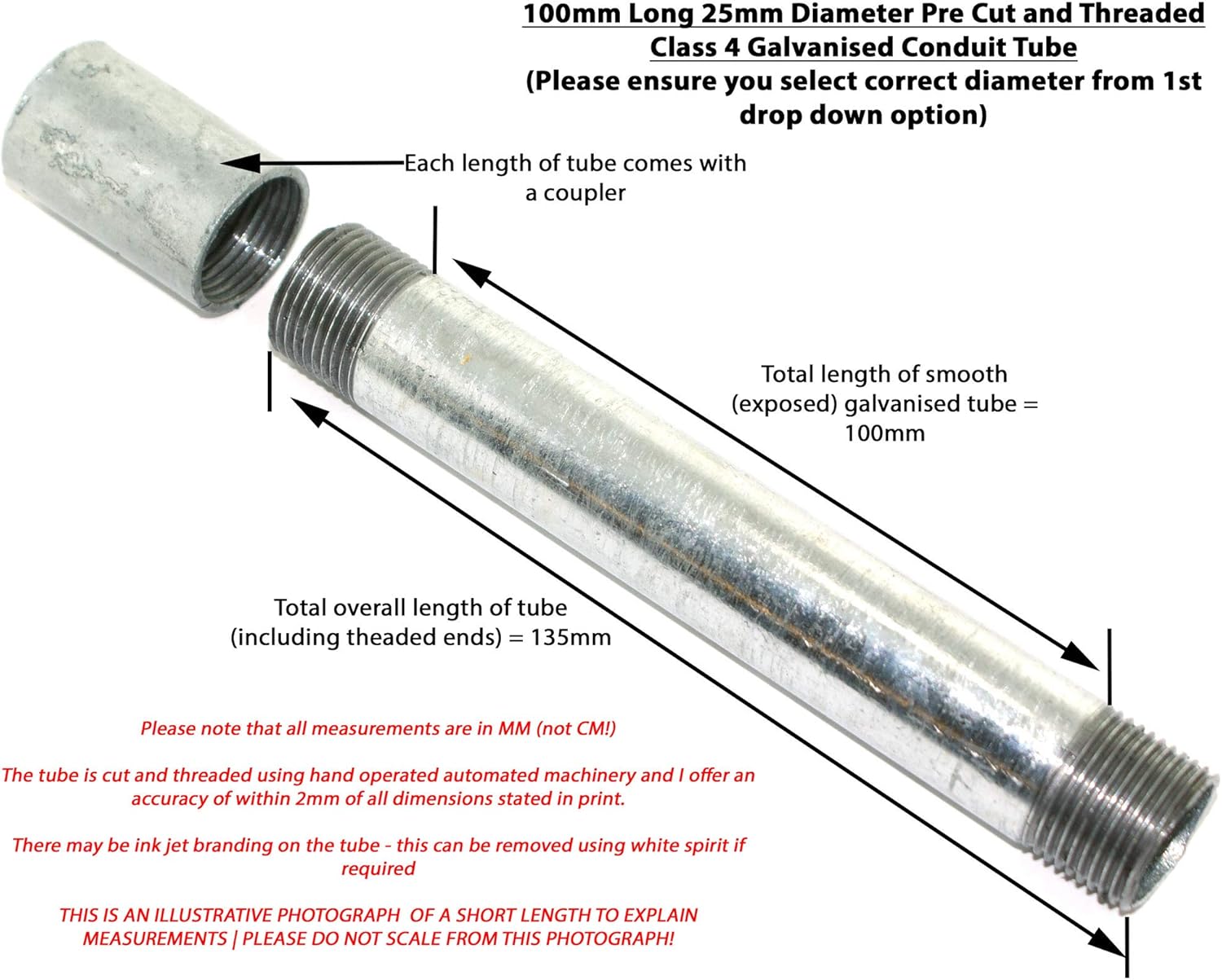 1 x 100mm Long M25 Galvanised Conduit Tube (135mm inc. Threaded Ends