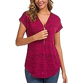 LUSMAY Women's Casual Zipper V Neck Short Sleeve Tunic Tops Loose Fitting T Shirts Blouse