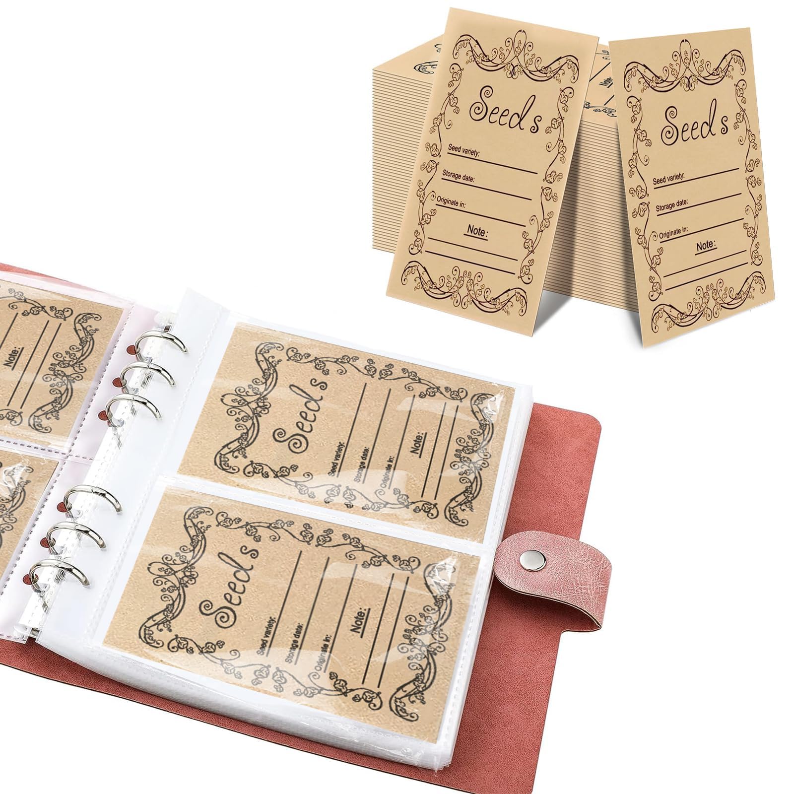 100Pcs Seed Packets Envelopes, Resealable Self-Sealing Seed Storage Organizers Seed Saving Envelopes, Garden Seed Bags Seed Storage Envelope for Vegetable, 100 Grid Seed Collection Book (Pink Book).