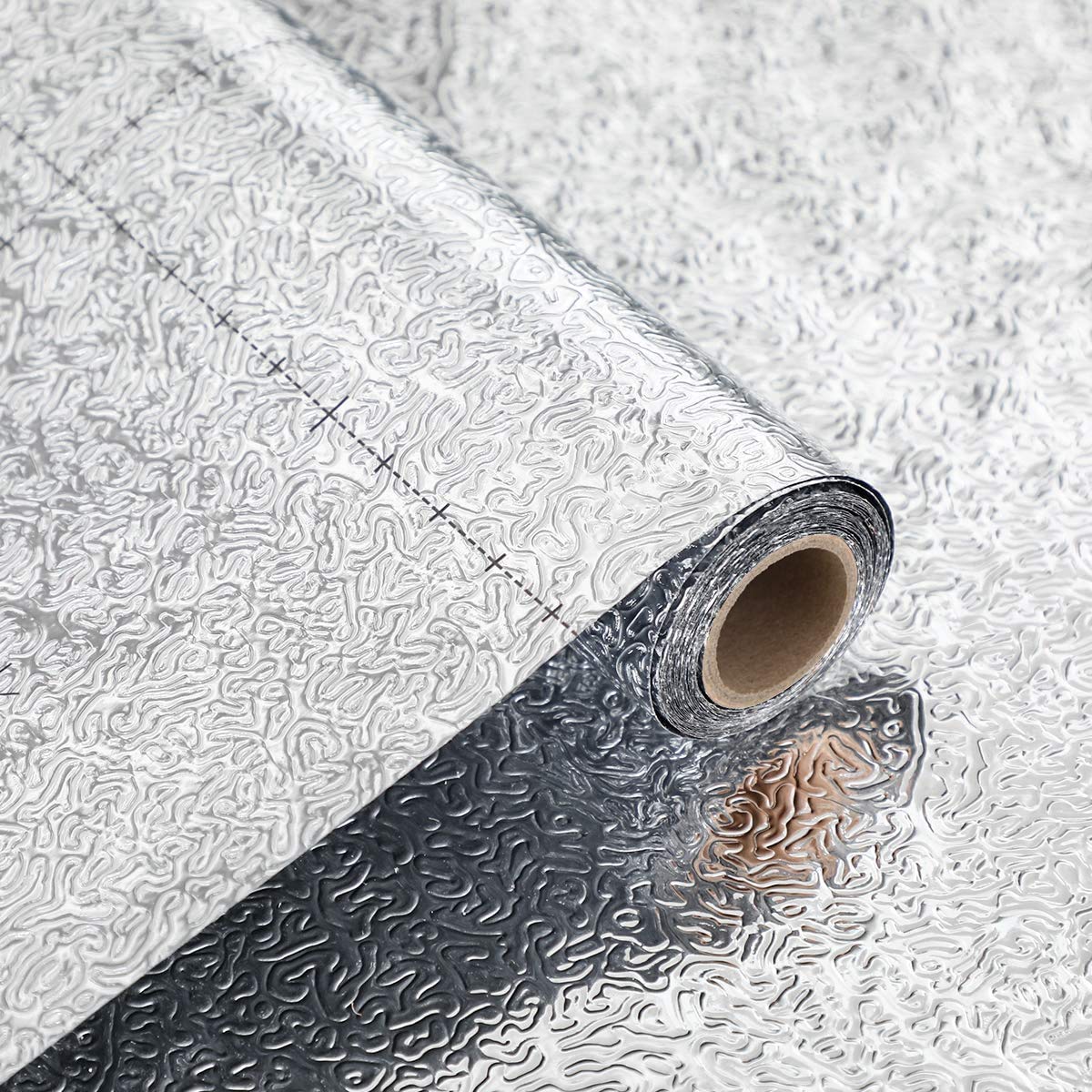 VEELIKE Sticky Back Plastic Roll Aluminum Foil Effect Wallpaper Kitchen Worktop Covering 40cm x 300cm Peel and Stick Vinyl Film Washable Silver Contact Paper for Stove Pot Shelf