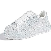 LUCKY STEP Rhinestone Sneakers for Women Platform Sparkly Glitter Bling Tennis Shoes Fashion Bedazzled Wedding Bridal Party Walking Sneakers
