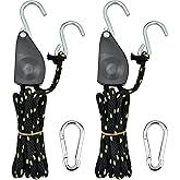 TOURFUN 1/2” x 16ft. Tie Down Rope, Heavy-Duty Braided Locking Ratchet Pulley with 4” Carabiner for Kayak Bow and Stern Secure – 1 Pair