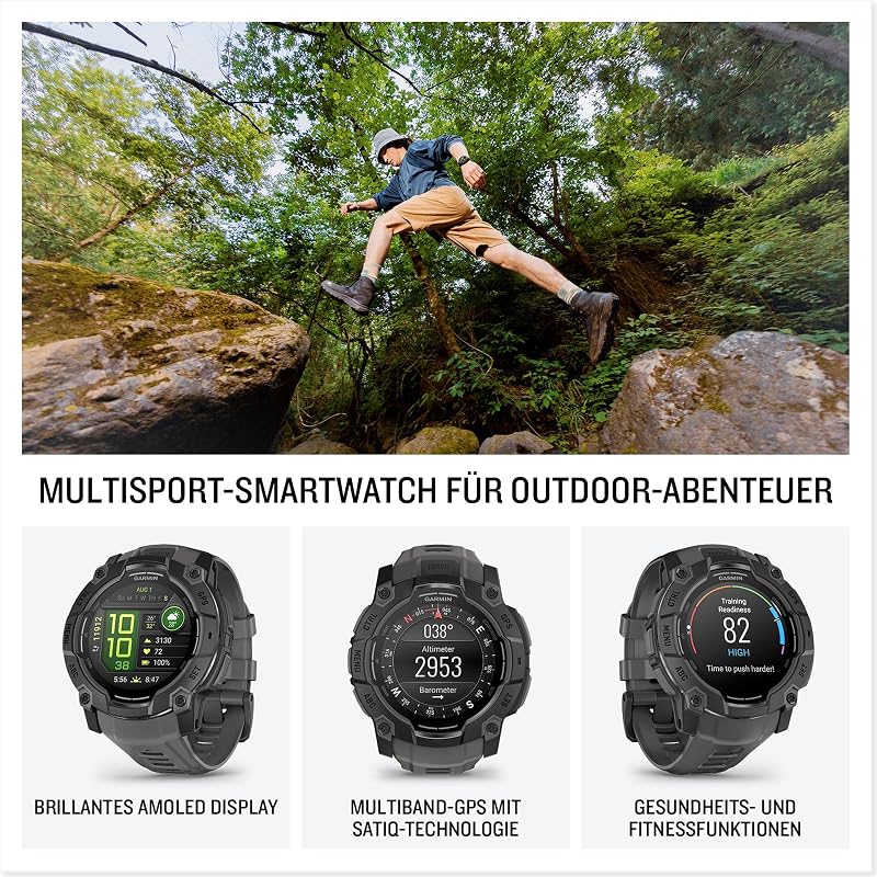 Instinct 3 50mm AMOLED – GPS-Multisport-Smartwatch, 1,3" AMOLED-Display, bis zu 24 Tage Akkulaufzeit, 80+Sport-Apps, Health Coach, Multi-Satellitenempfang, LED-Taschenlampe, Notifications