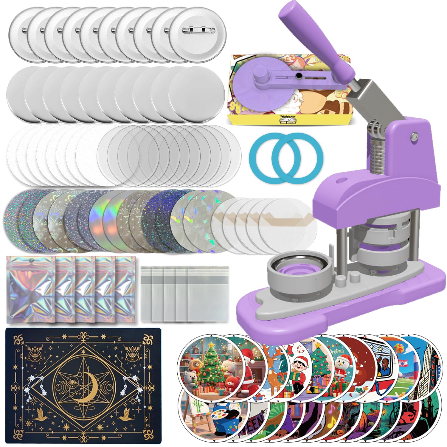 Photo 1 of Button Maker Machine 58mm (2.25 inch), DIY Button Pin Maker Machine Comes with Free Button Parts, Circle Cutter, Cutting Board, Pattern Paper, Holographic Bags, Colored Film, and Protective Case