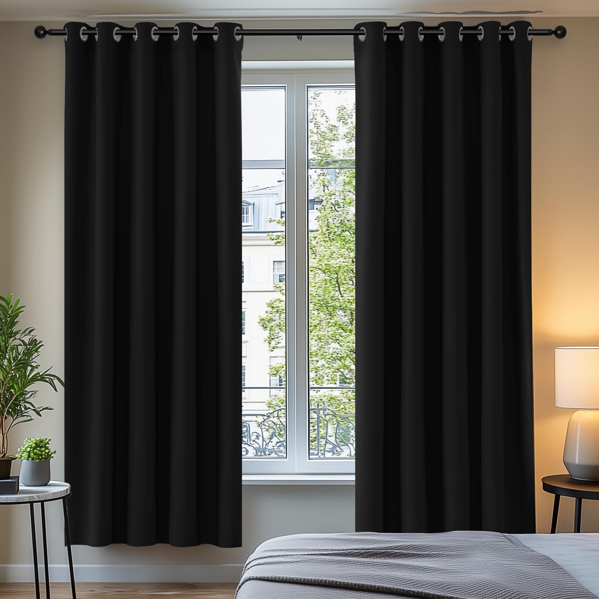 Deconovo Black out Curtains 66 x 72 Inch Window Treatment Thermal Insulated Eyelet Blackout Curtains for Bedroom Energy Saving Drapes Black 2 Panels